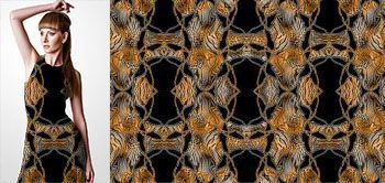 31006 Materiał ze wzorem motyw zwierzęcej skóry (tygrys, gepard) z efektem zniekształcenia i ramką ze złotych i srebrnych łańcuchów